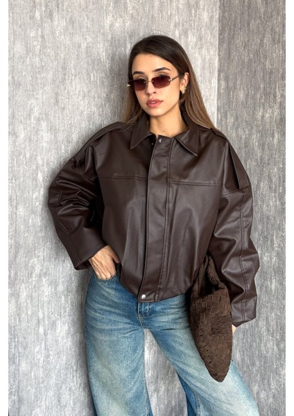 Kadın Oversıze Altı Lastikli Deri Mont 1055