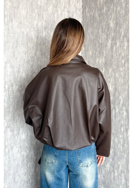 Kadın Oversıze Altı Lastikli Deri Mont 1055