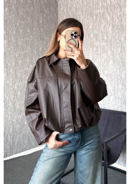 Kadın Oversıze Altı Lastikli Deri Mont 1055