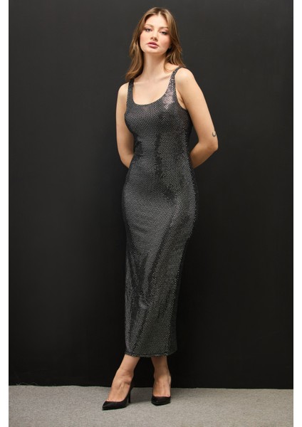 Askılı Pullu Maxi Boy Elbise