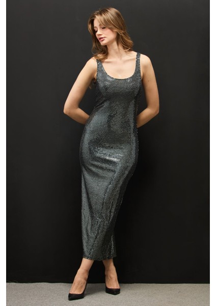 Askılı Pullu Maxi Boy Elbise modelleri