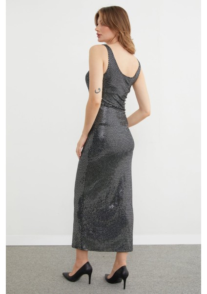 Askılı Pullu Maxi Boy Elbise