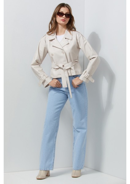 Kruvaze Yaka Kuşaklı Suni Deri Mont fiyatları