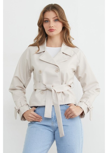 Kruvaze Yaka Kuşaklı Suni Deri Mont modelleri