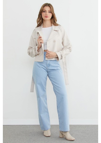 Kruvaze Yaka Kuşaklı Suni Deri Mont