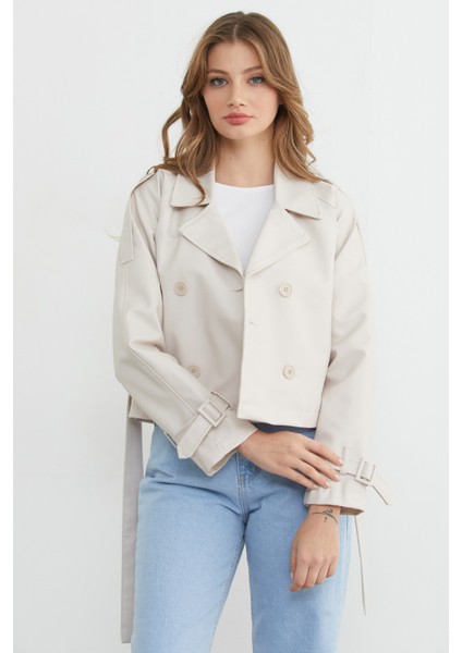 Kruvaze Yaka Kuşaklı Suni Deri Mont