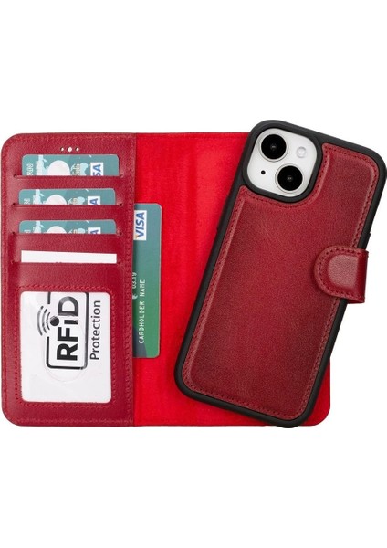 Apple iPhone 15 Uyumlu Deri Cüzdanlı Kılıf Mwwn V4EF Kırmızı