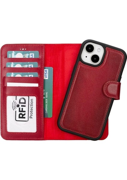 Apple iPhone 15 Uyumlu Deri Cüzdanlı Kılıf Mwwn V4EF Kırmızı indirimleri