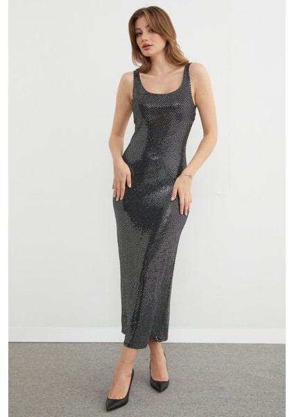 Askılı Pullu Maxi Boy Elbise