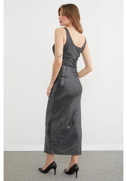 Askılı Pullu Maxi Boy Elbise