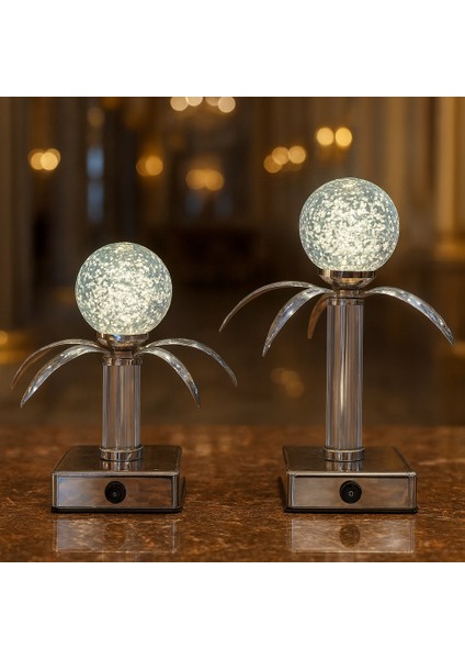 Dekoratif 2'li Ledli Palmiye Küre - Gümüş modelleri