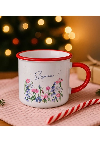 Kişiye Özel Çiçek Tasarımlı Kırmızı Emaye Kupa Bardak -2, Arkadaşa Hediye, Sevgiliye Hediye