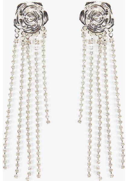 Taşlı Zincir Detaylı Sallantılı Gül Küpe