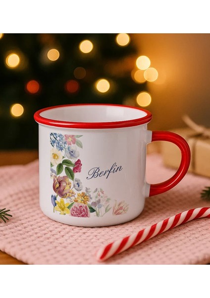 Kişiye Özel Çiçek Tasarımlı Kırmızı Emaye Kupa Bardak -8, Arkadaşa Hediye, Sevgiliye Hediye