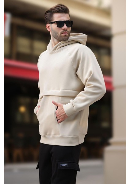 Bej Kapüşonlu Cep Detaylı Erkek Sweatshirt 7092