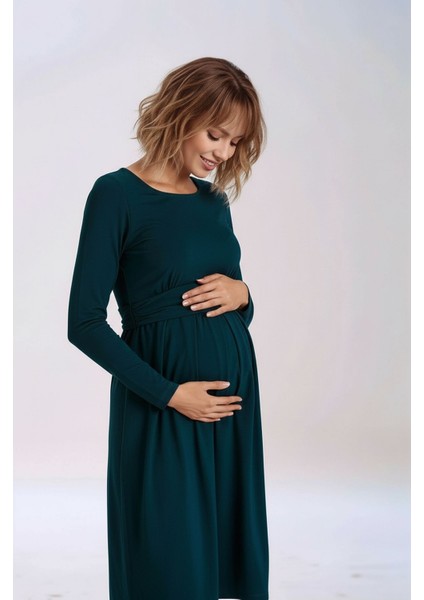 Kadın Bisiklet Yaka Tesettüre Uygun Uzun Kol Viskon Gizli Emzirme Bölümlü Şık Hamile Elbisesi