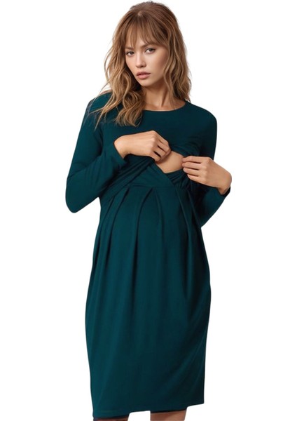 Kadın Bisiklet Yaka Tesettüre Uygun Uzun Kol Viskon Gizli Emzirme Bölümlü Şık Hamile Elbisesi fiyatları