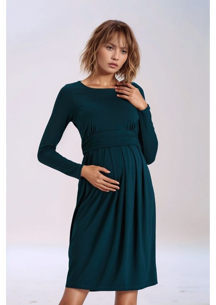 Kadın Bisiklet Yaka Tesettüre Uygun Uzun Kol Viskon Gizli Emzirme Bölümlü Şık Hamile Elbisesi modelleri