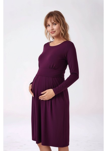 Kadın Bisiklet Yaka Tesettüre Uygun Uzun Kol Viskon Gizli Emzirme Bölümlü Şık Hamile Elbisesi