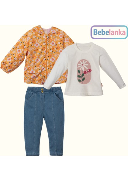Kız Çocuk Çiçek Desenli Yağmurluk, Dokulu Tişört ve Yüksek Bel Kot Pantolon 3'lü Takım