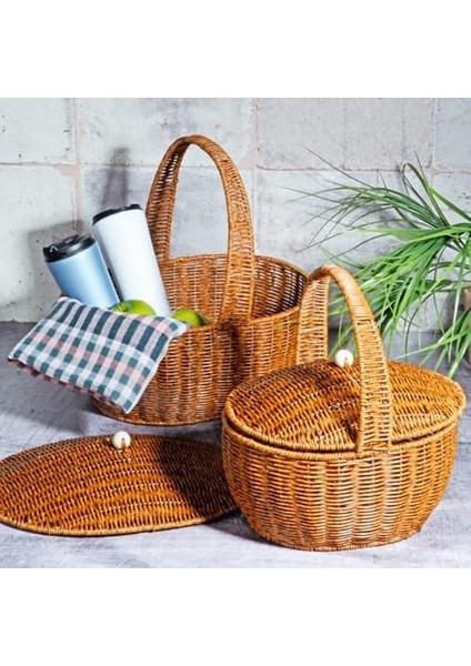 Wicker 2&apos;li Kulplu Kapaklı Hasır Piknik Sepeti Seti