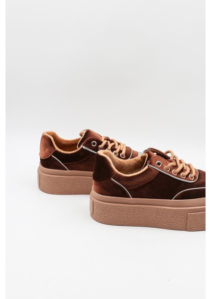 Kadın Önü Taş Detaylı Kalın Taban Kadife Sneaker Spor Ayakkabı GJ330 - Kahve - 36 modelleri