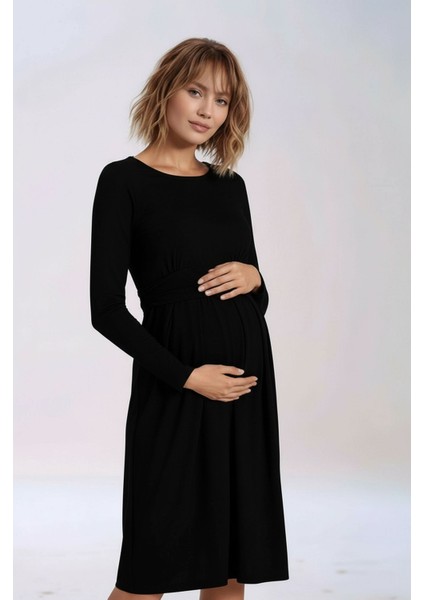 Kadın Bisiklet Yaka Tesettüre Uygun Uzun Kol Viskon Gizli Emzirme Bölümlü Şık Hamile Elbisesi