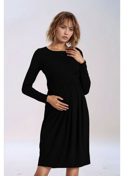 Kadın Bisiklet Yaka Tesettüre Uygun Uzun Kol Viskon Gizli Emzirme Bölümlü Şık Hamile Elbisesi modelleri