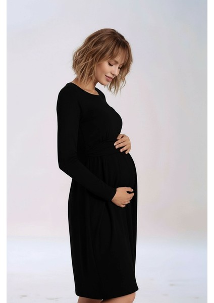 Kadın Bisiklet Yaka Tesettüre Uygun Uzun Kol Viskon Gizli Emzirme Bölümlü Şık Hamile Elbisesi indirimleri