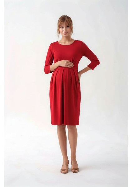 Kadın Bisiklet Yaka Tesettüre Uygun Uzun Kol Viskon Gizli Emzirme Bölümlü Şık Hamile Elbisesi