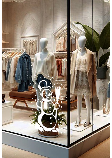 Beyaz Kardan Adam ve Kar Taneleri Cam Vitrin Etiketi, Yılbaşı Dekorasyonu Için