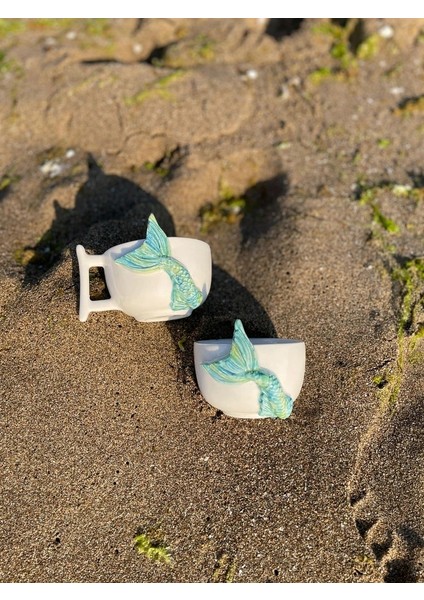 El Yapımı Deniz Kızı Seramik Kupa ve Kase Seti – 300ML 2li Kabartma Tasarım