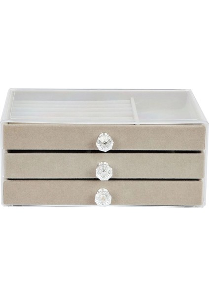 Modern Gri 3 Çekmeceli Takı Bijuteri Mücevher Kutusu Organizer Düzenleyici Şeffaf 13 x 23 x 10 cm indirimleri