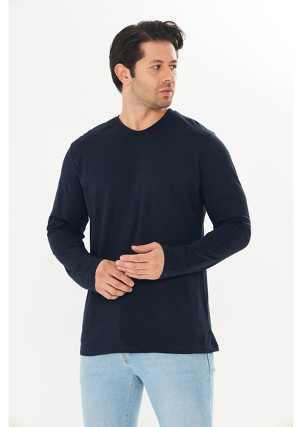 Erkek Pamuklu V Yaka Uzun Kollu Tişört Lacivert 5021-L