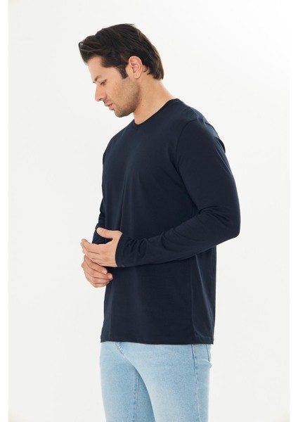 Erkek Pamuklu V Yaka Uzun Kollu Tişört Lacivert 5021-L