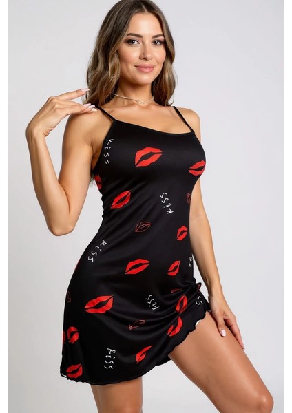 Dudak Desenli Siyah Askılı Gecelik - MB000X-2GVTM6 fiyatları