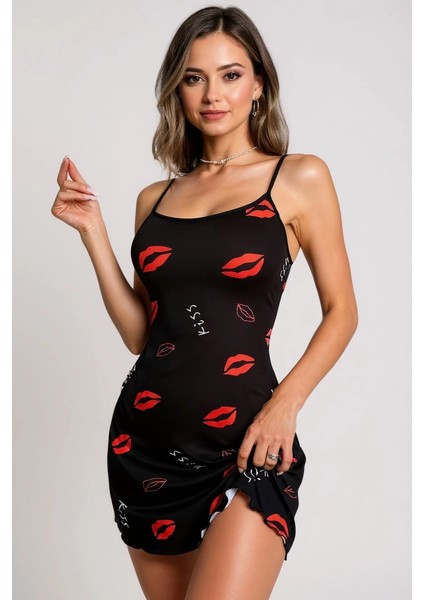 Dudak Desenli Siyah Askılı Gecelik - MB000X-2GVTM6 modelleri