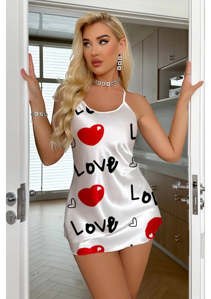 Love Desenli Beyaz Saten Gecelik - MB000X-2GVTF9