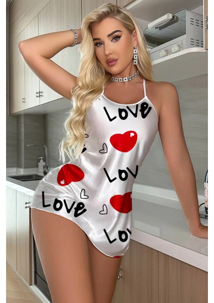 Love Desenli Beyaz Saten Gecelik - MB000X-2GVTF9 fiyatları