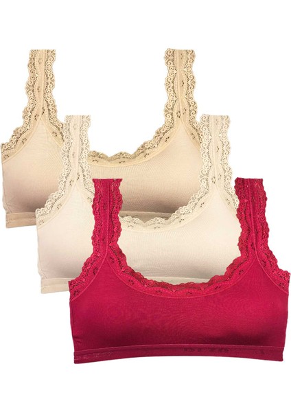 3 Adet Dantel Nakış Işlemeli Pedli Bambu Kadın Büstiyer Ten Krem Bordo