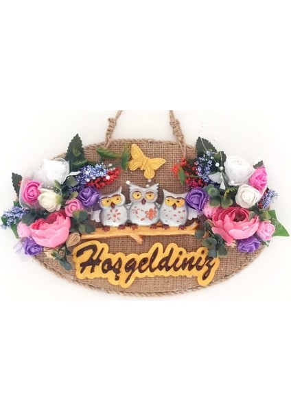 Baykuş Ailesi Hoşgeldiniz Yazılı Çiçekli El Yapımı Kapı Süsü modelleri