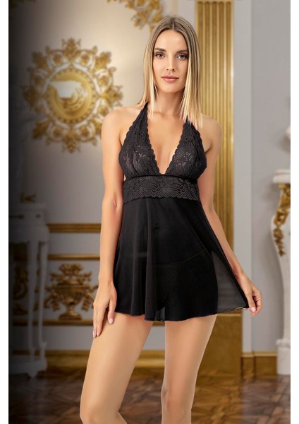 Arias Closet Siyah Dantel Işlemeli Boyundan Bağlamalı Fantezi Tül Gecelik Takımı