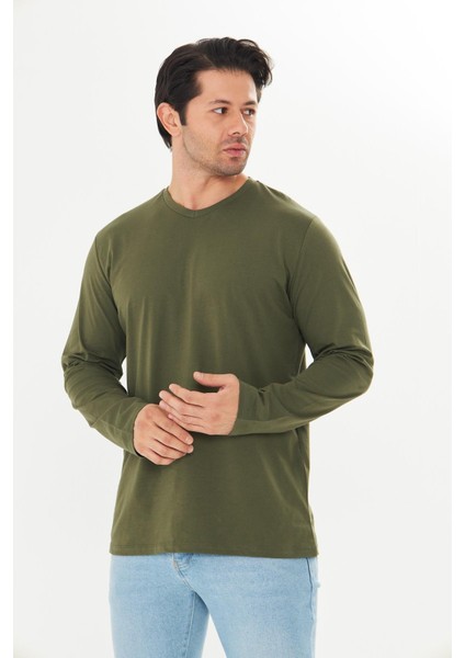 Erkek Pamuklu V Yaka Uzun Kollu Tişört Haki 5021-H