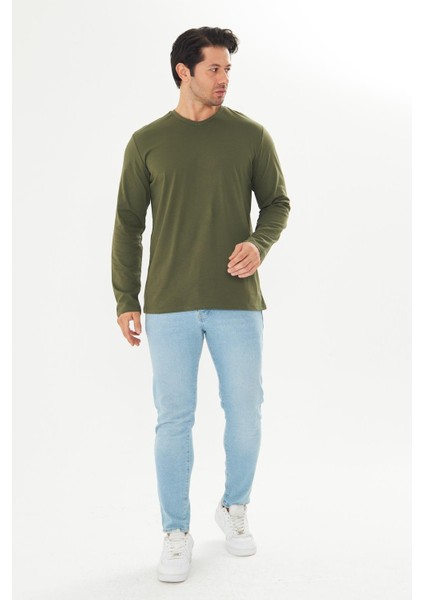 Erkek Pamuklu V Yaka Uzun Kollu Tişört Haki 5021-H fiyatları