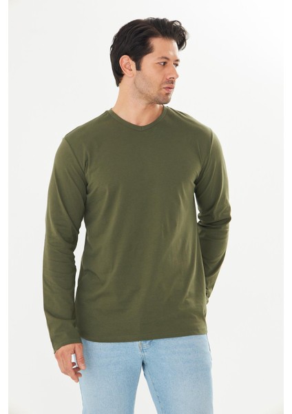 Erkek Pamuklu V Yaka Uzun Kollu Tişört Haki 5021-H