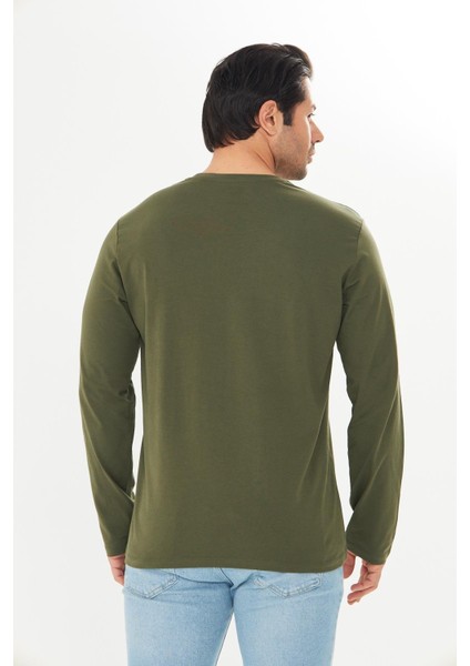 Erkek Pamuklu V Yaka Uzun Kollu Tişört Haki 5021-H