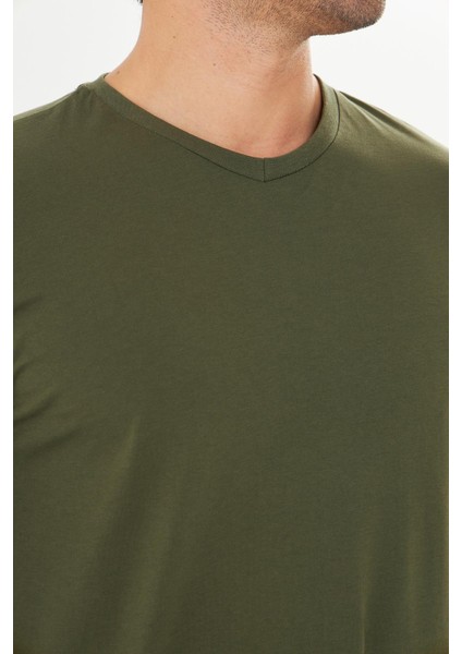 Erkek Pamuklu V Yaka Uzun Kollu Tişört Haki 5021-H