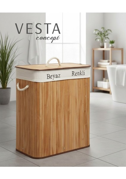 Doğal Bambu Iki Bölmeli Kirli Çamaşır Sepeti - 75 Litre, Geniş Hacimli - Katlanabilir - Şık Tasarım