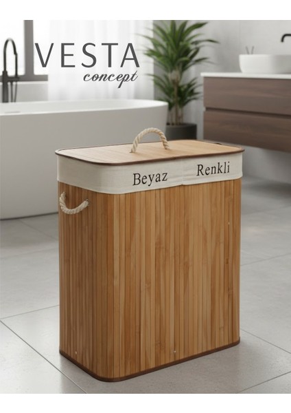 Doğal Bambu Iki Bölmeli Kirli Çamaşır Sepeti - 75 Litre, Geniş Hacimli - Katlanabilir - Şık Tasarım fırsatları