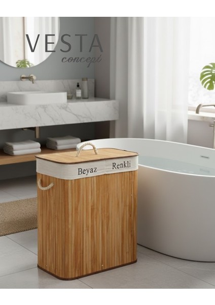 Doğal Bambu Iki Bölmeli Kirli Çamaşır Sepeti - 75 Litre, Geniş Hacimli - Katlanabilir - Şık Tasarım indirimleri